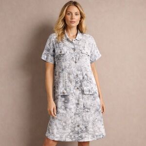 Bitte Kai Rand Cotton Shirt Dress Gray Dandelion Print Utility Pockets Sz M EUC